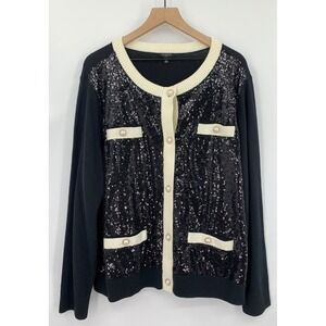 Talbots Sweater Womens 2X Black Beige Sequin Cardigan Wool Blend Pearl Button